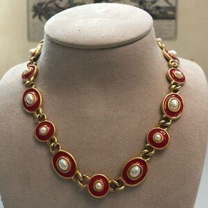 Vintage Style Red Enamel Faux Pearl Gold Tone Statement Necklace